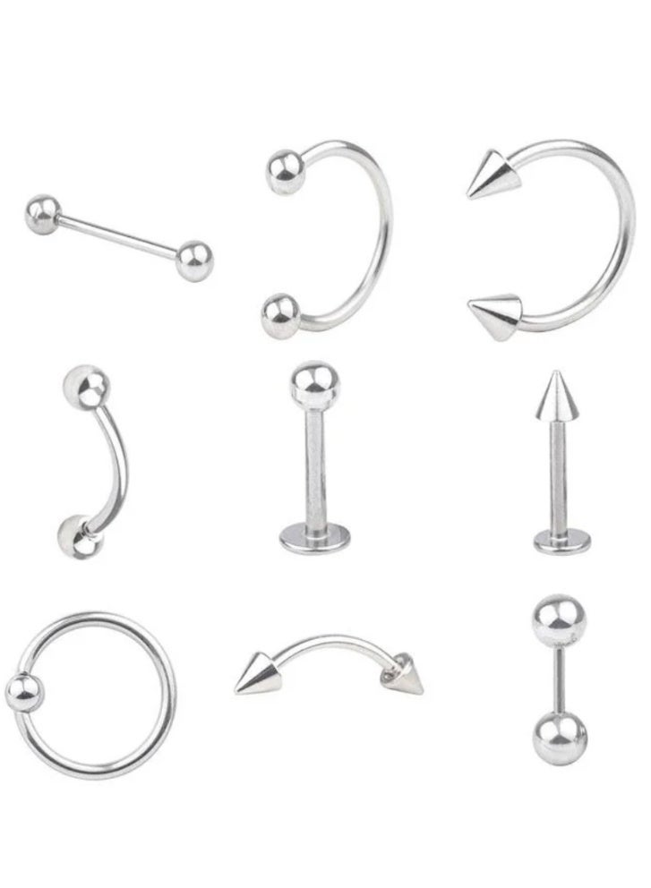 9 Piece Different Body Piercing Jewelry for All Piercings, Stainless Steel Ring Tongue Eyebrow Lip Belly Button Nose Body Piercing Earrings Jewelry Set - Image 1